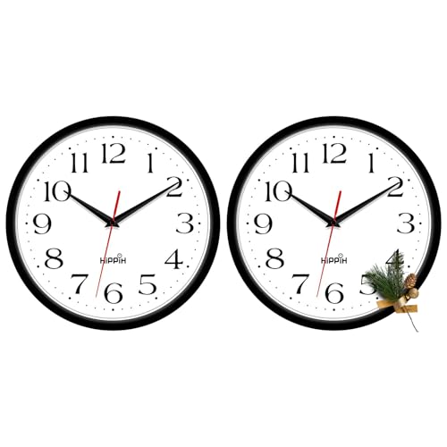 HIPPIH 2 Pack Silent Wall Clock, 10 Inch Non Ticking Quiet Digital Sweep Decorative Battery Operated Wall Clocks for Living Room Bedroom Kitchen School Office Decor, Black