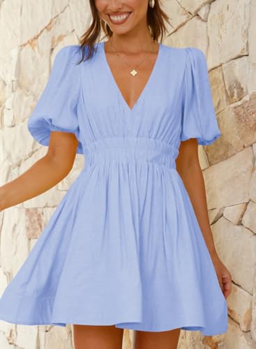 Image of Outfeel Women 2025 Summer Mini Dress Puff Short Sleeve Sexy V Neck A Line Elastic High Waist Flowy Swing Dresses