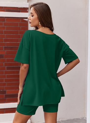 Image of Ekouaer Womens Pajamas 2 Piece Lounge Sets Oversized V Neck T-Shirts Tops Biker Shorts Set Workout Reversible Tracksuit S-XXL