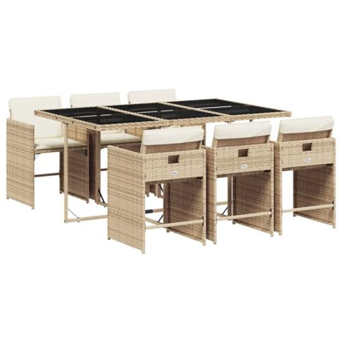 Image of 6-Piece Patio Dining Set with Tempered Glass Table and High-Back Chairs, Modern Outdoor Furniture in Beige Poly Rattan and Black Steel Frame, Weather-Resistant Garden Seating