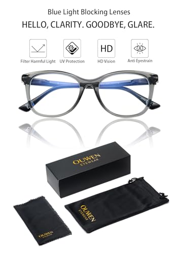 Image of OUWEN Retro Cat Eye Blue Light Blocking Glasses for Men Women, Anti EyeStrain & UV Glare Computer Gaming Eyeglasses OW2242