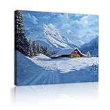 素朴な冬のキャビンキャンバスウォールアート雪山の森風景プリント農家寝室の壁の装飾のための額装された絵画ポスター40x56cmインナーフレーム