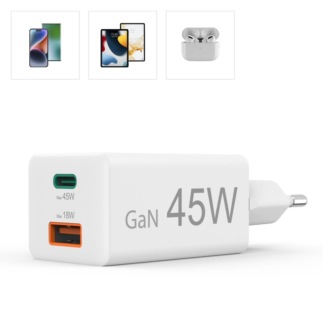 Hama Ładowarka sieciowa mini 45 W, 1x USB typ C, 1x USB A (mała, lekka, adapter ładowania, Power delivery, Quick Charge, wydajna, szybka) biała