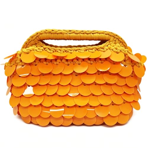 Image of Small Woven Clutch Purse Handmade Crochet Evening Bag Unique Sequin Clutch Handbag for Wedding Party Prom