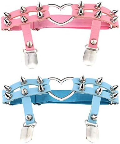 Women Girl Sexy Leather Heart Garters Punk Rock Rivet Stud Leg Ring 2pcs