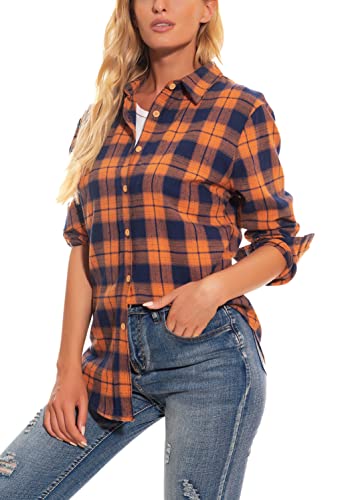 GUANYY Womens Long Sleeve Shirts Classic Button Down Flannel Shirt Cotton Plaid Loose Fit Blouses2