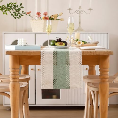 Tischläufer Eukalyptus Grün Makramee Boho Baumwollflachs Tischband 30 X 100 Häkelspitze Mesh Landhausstil Waschbar Läufer Tisch Modern Böhmische Dekoration für Küche Hochzeit Tabletop Dekor