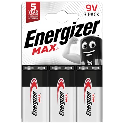 Energizer Max - Pila 9V Alcalinas (Paquete de 3) - Baterías de 9 Voltios - para detector de humo/monóxido de carbono, electrónica y audio - Construcción 100% a prueba de fugas - 5 años de vida útil