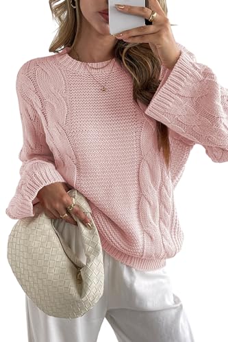 Image of Cakulo Womens Oversized Pullover Sweaters Bell Sleeve Chunky Cable Knit Sweater Crewneck Trendy Knitted Tops 2025 Pink M