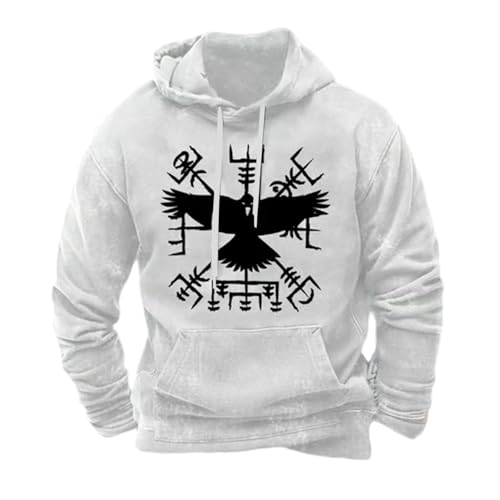 Sudadera para hombre Vikings Tattoo Hoodie Norse Mitología Gráfico Jersey Urbaner Streetshirt 3D Estampado Hoodies con Bolsillo Canguro Gothic Steampunk Hoody para el ocio y el día a día, Blanco, XL