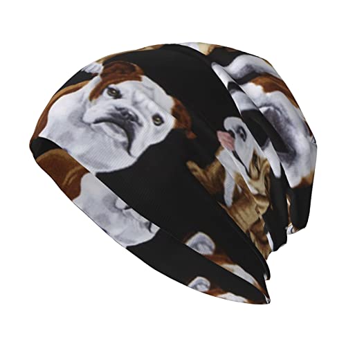 Photo de IguaTu Haunted Mansion Bonnet tricoté pour homme et femme Bonnet d'hiver épais chaud élastique sans bord Bonnets décontractés, Bulldogs anglais., Taille unique