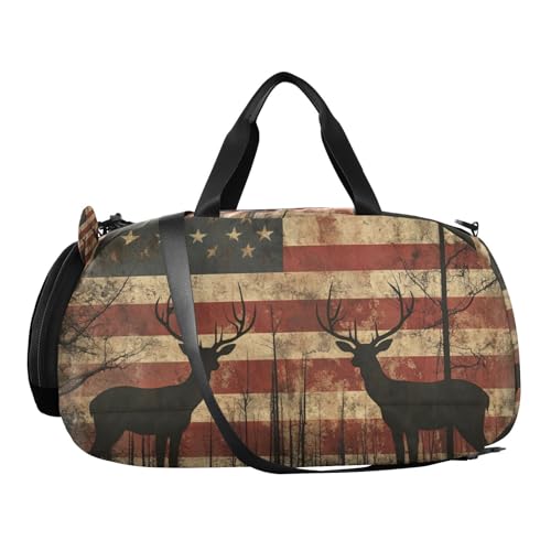 Duffle Bag for Boys or Girls with Shoes Compartment, Stripes American Flag Deer Sports Travel Bag Overnight2