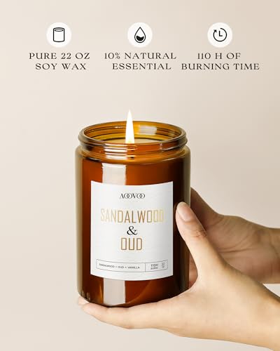 Image of AOOVOO Sandalwood Oud Candle - Large Scented Candles 22oz, Soy Candles, Aromatherapy Candle, Soy Wax Candle