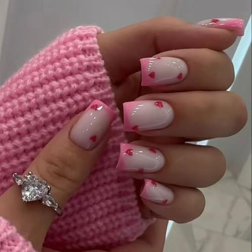 Valentines Press on Nails French Tip Fake Nails Pink Heart Acryli...