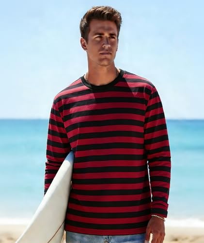 Image of KESIHAN Mens Striped Long Sleeve Shirt Crewneck Casual T-Shirt Basic Stripe Cotton Spandex tee Shirt