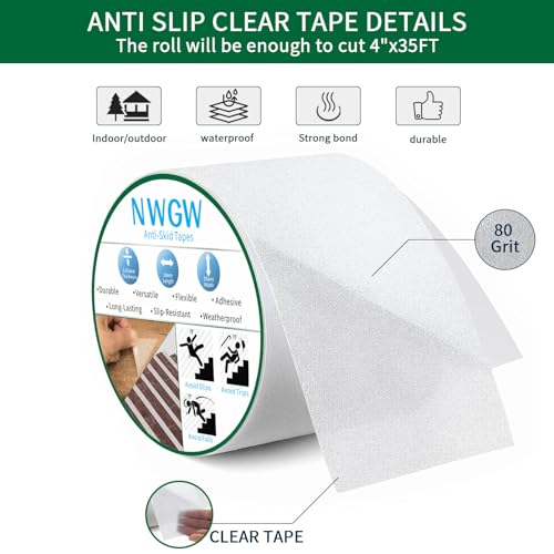 Image of Clear Anti Slip Tape for Stairs & Bathtubs, 4 inch x35FT Non-Skid Transparent Grip Tape - Soft PVC Safety Traction for Bare Feet, Pool Decks, Boats, Shower Floors