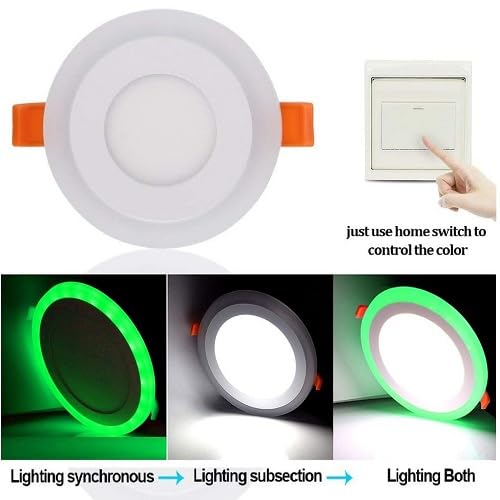Image of OLIPS 6W (3+3) LED Ceiling Panel Down Light | Dual Color Change by On /Off Switch | Fan Box POP Decorative LED | White Center & Color Ring Design (Green, 1)