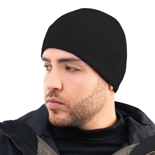 Avantic Mens Baby Alpaca Wool Double-Layered Oversized Cuffed Beanie - Winter Hat for Skiing & Snowboarding Black