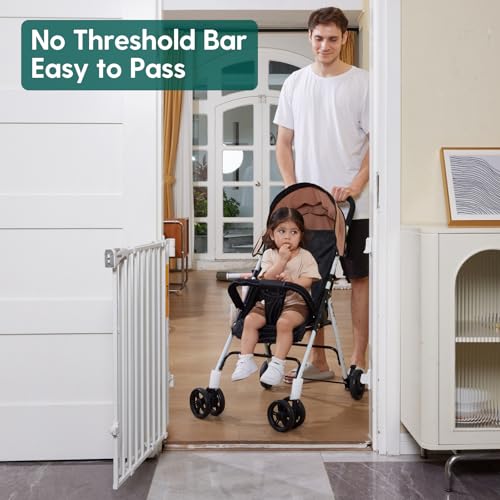 Babelio 26-43" Auto Close Baby/Dog Gate for Stairs, 2-in-1 Easy Swing Doorway and Hallway Pet Gate, with Extra-Wide Walk Thru Door and Threshold-Free Design, White by Babelio - Used condition - CA$93.46
