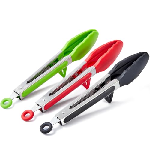 3Pcs Pinzas de Cocina Silicona, 23 cm Pinzas Barbacoa Acero Inoxidable con Puntas de Silicona para Air Fryer(Negro, Rojo, Verde)
