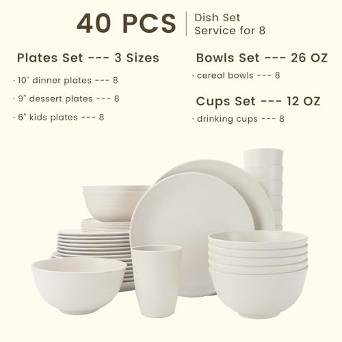 Image of Homienly 40- Pieces Wheat Straw Dinnerware Set, Service for 8, Lightweight Roud Plates and Bowls Set, Unbreakable Dishes Set- Dinner Plates, Bowls, Cups,Microwave and Dishwasher Safe(White)