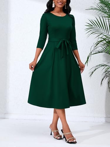Image of PerZeal Women's Caual Midi Dress 3 /4 Sleeve Crewneck A-line Swing Dress