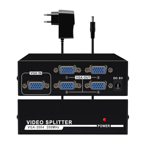 Splitter VGA può facilmente raggiungere la trasmissione sincrona del segnale 1-VGA a display 4-VGA, con la stessa immagine su tutti e quattro gli schermi. È dotato di alimentatore DC 5V certificato 3C per ricarica sicura e sicurezza