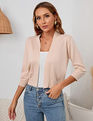 Image of GloryStar Women s 3 /4 Sleeve Cropped Cardigan Sweaters Open Front Knit Short Bolero Shrugs Beige XXXL