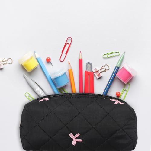 Image of Sherr Black Coquette Bow Pencil Case Pink Bow Cute Pencil Pouch Soft Cotton Storage Bag Aesthetic Pattern Gift Makeup Pouch Cosmetic Travel Bag for Women