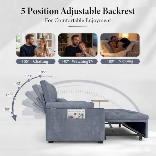 Image of Dreamzie 65'' Convertible Sleeper Sofa Bed with Swivel Side Table, Chenille Pull Out Couch for Living Room, Loveseat Sleeper Couch with Hidden Storage Space | Charging Port | Cup Holders, Blue