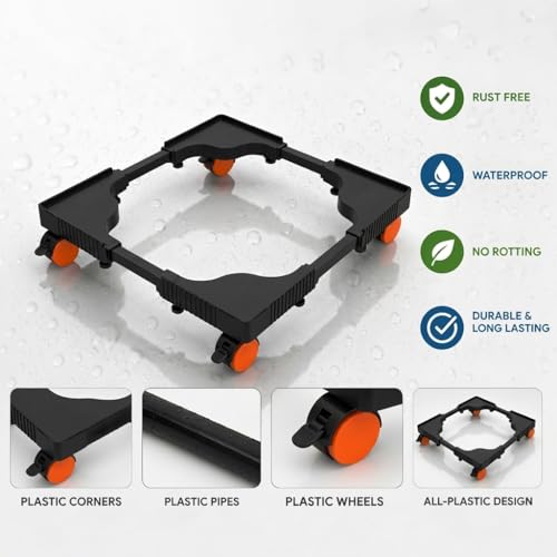 Image of Adjustable Washing Machine Stand with Lockable Wheels | Black Plastic Pipe Frame with Durable Plastic Corners | Rust-Proof Anti-Vibration Fridge Base Trolley | Movable Appliance Stand Size: 40-65 cm