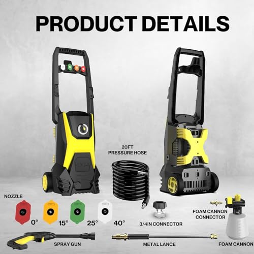 Image of PressurePower4500PSI with 4 Quick Connect Nozzles, Inlet Hose & Filter, Foam Cannon for Cars /Fences /Driveways /Patios /Home Cleaning