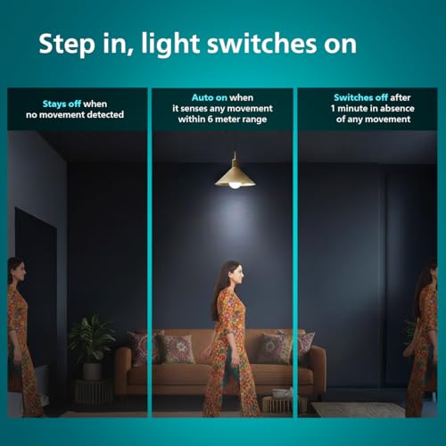 Image of Philips 15W Motion Sensor LED Bulb | Cool White 6500K | B22 Base | Auto On /Off Sensor Light | Energy Efficient & Hands-Free Lighting | Pack of 2