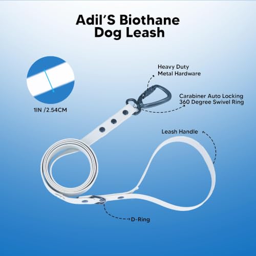 Image of Adil's Biothane Waterproof Dog Collar, Dog Leash & Collar Leash Combo | Heavy Duty TPU Coated Webbing | Adjustable Quick Release Buckle | Odour Resistant (White, L-22, Leash Only)