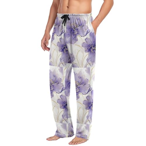 Men’s Purple Silver Flower Pajama Pants with Pockets, Comfortable Lounge Sleep Bottoms#2854