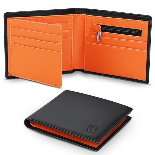 TEEHON RFID Blocking Wallet Slim Genuine Leather Wallets for Men UK with 11 Card Slots 2 Note Compartments & Coin Pocket Minimalist Mens Wallet with Gift Box (Black & Orange)