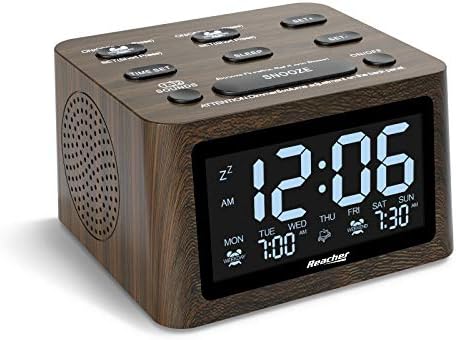 REACHER Wooden Dual Alarm Clock and White Noise Machine - Adjustable Volume, 6 Wake Up Sounds, 12 Soothing Sounds for Sleeping, Auto-Off Timer, USB Charger, Battery Backup, 0-100% Dimmer for Bedroom