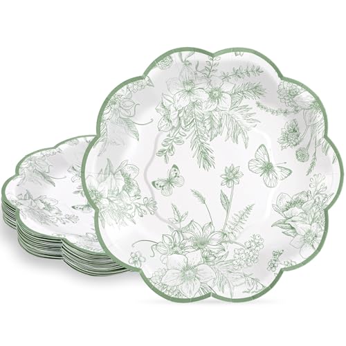 NatNarr 30Pcs Sage Green Floral Paper Plates, 7inch Vintage Dessert Cake Plate Scalloped Sage Green and White Plates Disposable Cute Toile Plate for Birthday Baby Bridal Shower NatNarr 30Pcs Sage Green Floral Paper Plates, 7inch Vintage Dessert Cake Plate Scalloped Sage Green and White Plates Disposable Cute Toile Plate for Birthday Baby Bridal Shower