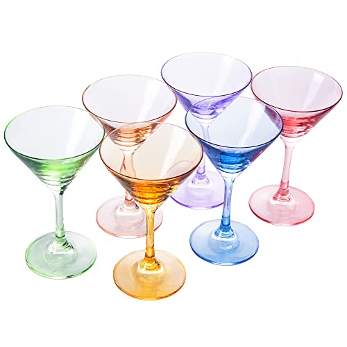 Martini Glasses Set Of 6 | 8Oz | Crystal Luxury Martini Glass - Elegant Colors - Premium Hand-Blown | Art Deco Cocktail Colored Coupes For Manhattan, Cosmopolitan, Sidecar, Speakeasy - Stemmed Goblets #TOP3