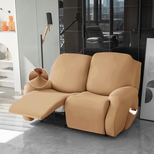 Image of HOKIPO 'SereneSolids' 140 GSM 6-Pieces Super Stretch Recliner Sofa Cover 2 Seater Fully Covered Washable Furniture Protector, Camel (AR-4741-CML)