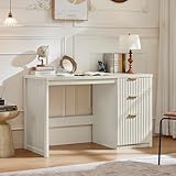 LEYAOYAO 48' Modern Fluted Executive Desk with File Drawer, Wood Home Office Desk with Storage Cabinet & Metal Handle, Large Computer Writing Table for Office,Study, Bedroom,Living Room,Antique White