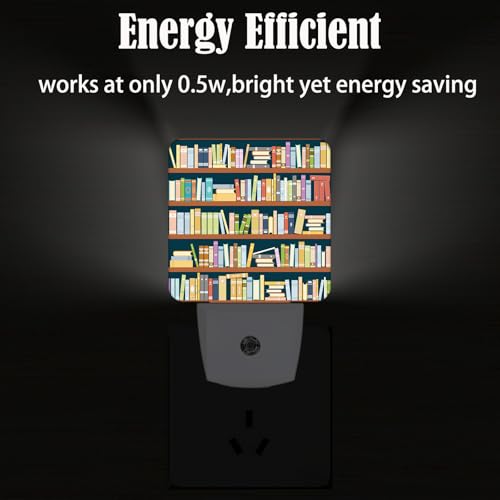 Image of Bookshelves Full of Books Night Light,Plug-in Night Lights with Dusk to Dawn Sensor for Stairway,Hallway,Bedroom Sleep Friendly Ideal for Women /Girls /Boys Gift,0.5w