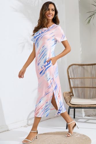 Image of Naggoo Summer Dresses for Women Short Sleeve Side Slit Long T Shirt Dress Beach Sundress Travel Vacation Outfits with Pockets