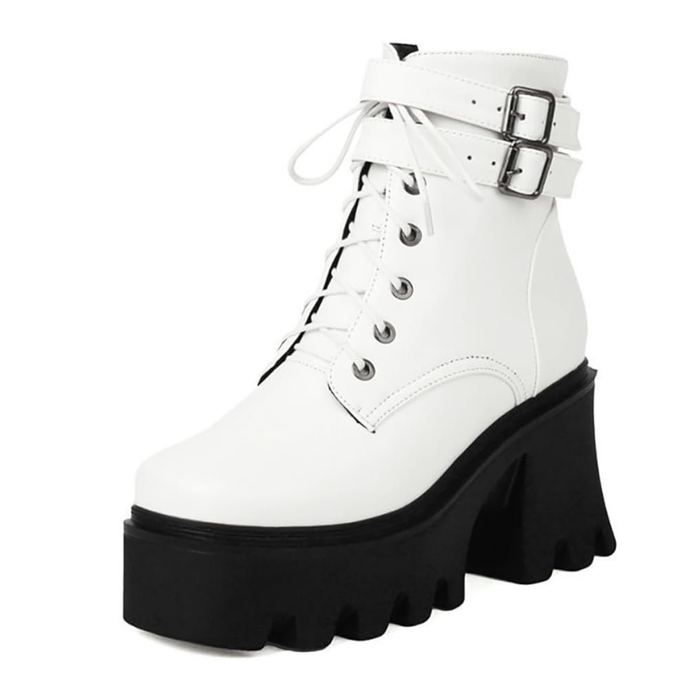 Botines Militares con Plataforma Y Tacón Ancho para Mujer Punk Gótico con Cordones Punta Cuadrada Botas De Combate Motero con Hebilla