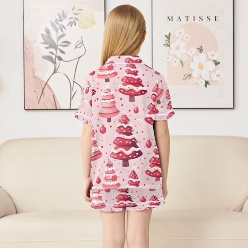 Satin Pajama Sets Short Sleeve Christmas Trees Pattern in Pink Button Down Silky Nightwear 2 Piece PJS 5-14Y4