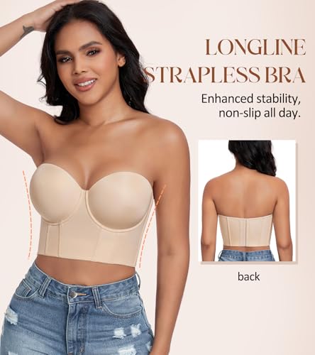 Image of DotVol Women's Longline Strapless Underwire Corset Bustier Bra | Full Figure, Back Support, No Back Fat, Everyday Bras