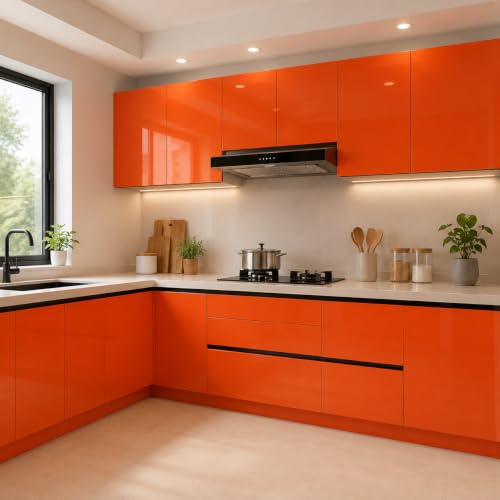 Image of Vinyl Contact Paper Decorative for Cabinets Countertops Kitchen Shelves Liner Self Adhesive Film Peel and Stick Waterproof Removable Wallpaper (Inches 24 x 72, Glossy Orange)