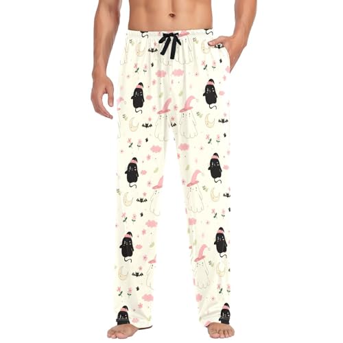 White and Black Spirits Men's Cotton Pajama Pants with Pockets and Drawstring Comfortable and Stylish,S