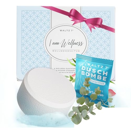 WALTZ 7 Eukalyptus Duschbomben 6er Set, Badebomben Alternative, Entspannungsset, ätherische Öle, Aromatherapie, Zusatz Dampfdusche, Erkältungsdusche für Zuhause, Geschenk Mitbringsel