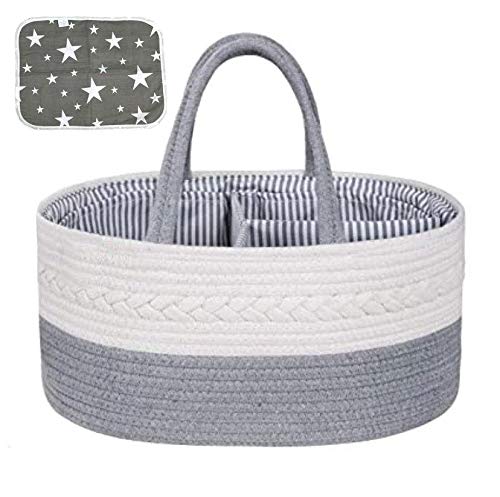 Image of Baby Diaper Caddy Organizer | with Waterproof Changing Pad | 100% Cotton Rope Woven Basket | Portable Nursery Storage | for Boys and Girls | Travel Car Bin | 6 Inner Pockets | Removable Inserts